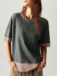 Bohemela Áo thun nữ cổ tròn tay ngắn màu trơn đơn giản dáng rộng - Màu xám đen - Xem 9