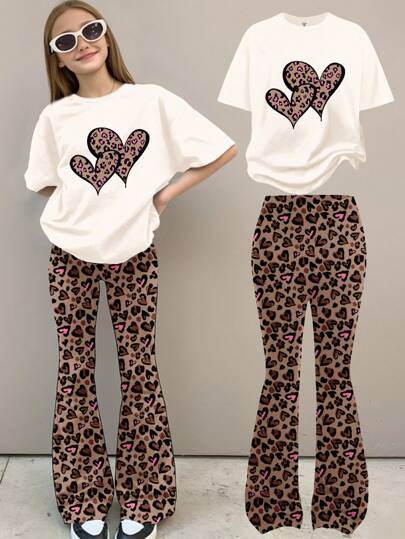 SHEIN Leap Crew 2st Set Tween Girls Casual Loose Fit Rosa Leopard Hjärttryck Kortärmad T-shirt och byxor med vida ben, sommar