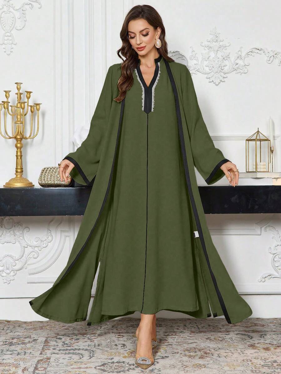 Al Najma Women's Contrast Color Trimmed Long Sleeve Jacket And Casual Dress 2 Pieces Set
