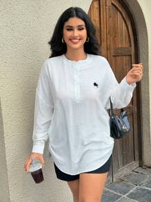 INAWLY Plus Size Casual Veelzijdig Effen Kleur Lange Mouw Shirt