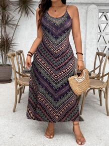 Vionelle Plus Size Women Vintage Style Striped Printing Spaghetti Strap Dress Maxi Women Outfit - Multicolor - View 4