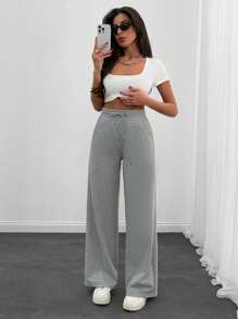 EURMUSE Women Pocket And Drawstring Detailed Wide Leg Contrast Side Stripe Pant - Grey - View 6