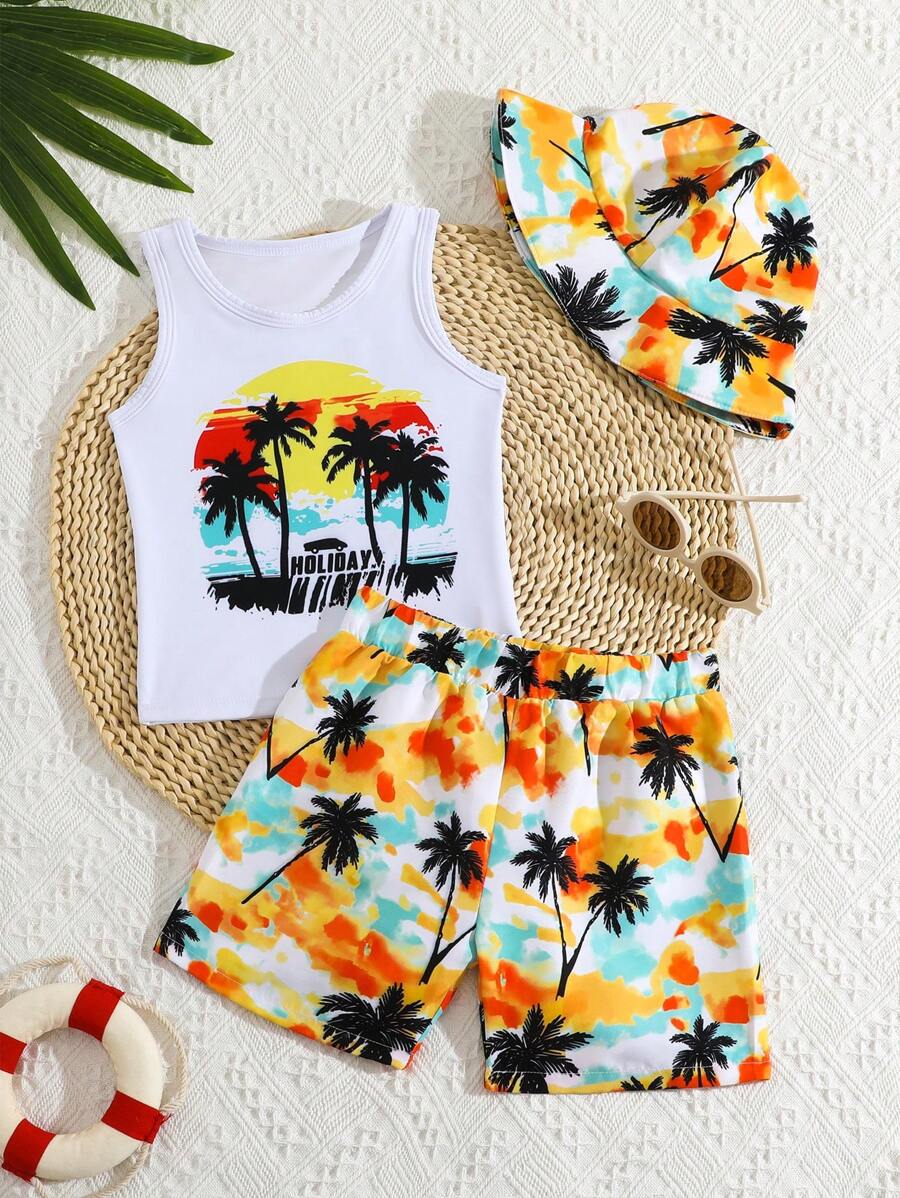 Shorts de bain pour jeune garçon, haut et short séparés, décoration imprimée à l'avant