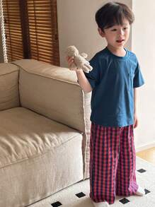 Dazy Kids 2pcs/Set Toddler Boys Round Neck Solid Color Knit Short Sleeve T-Shirt + Plaid Woven Casual Pants, Kids Spring/Summer Homewear Set - Blue - View 8