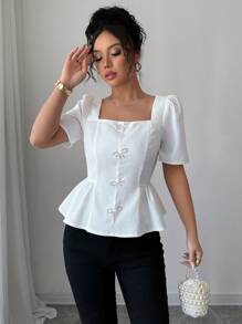 Chiquease Women Bowknot Embellished Square Collar Puff Sleeve Ruffle Hem Elegant Blouse - White - View 5
