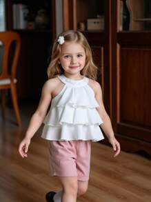 2pcs Girl's Sweet Elegant Asymmetrical Ruffles White Top & Versatile Pink Shorts Set - Multicolor - View 4