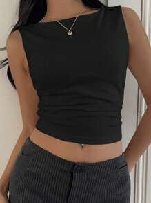 SHEIN EZwear Black Cotton Padded Racerback Crop Tank Top, Spring/Summer - Black - View 6