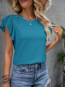 SHEIN Clasi Women's Solid Color Crew Neck Flocking Embroidery Ruffle Sleeve Casual T-Shirt - Mint Blue - View 4