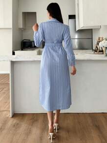 SHEIN Tall Tall Striped Front Button Shirt Dress - Blue and White - View 2
