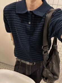 DAZY Men's Line Pattern Jacquard Knit Pullover, Navy Blue, Summer Business Attire - Navy Blue - View 3