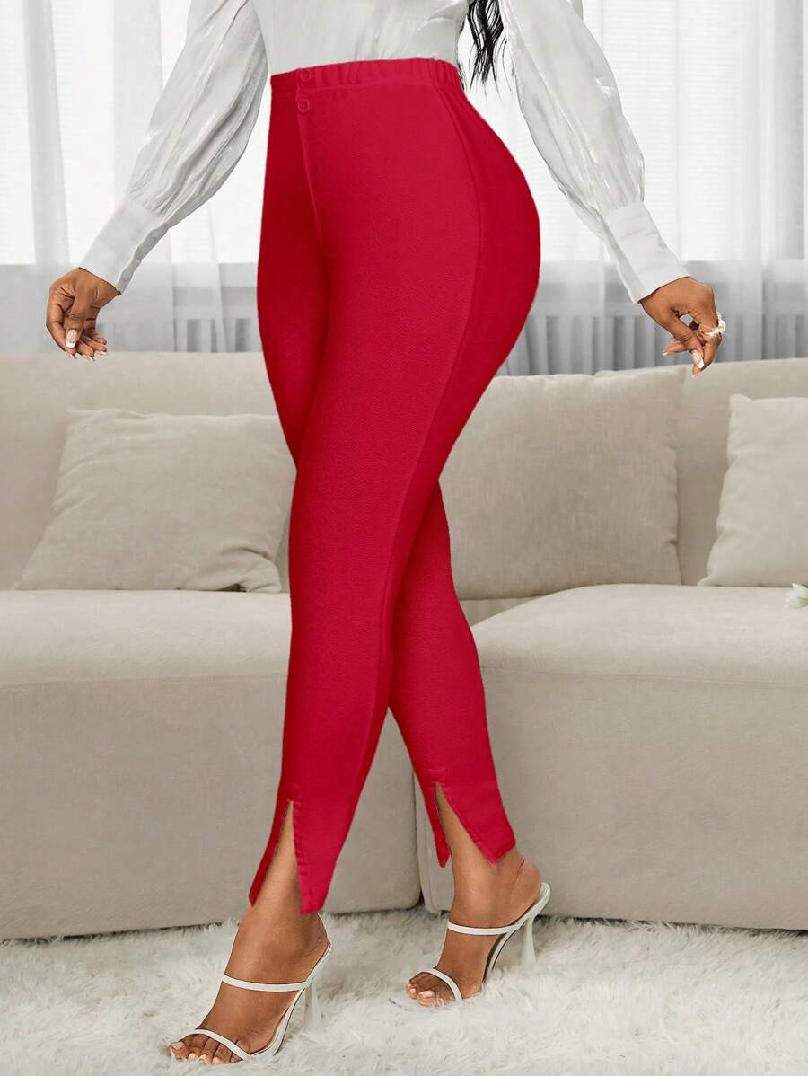 SHEIN Lady Quần dài nữ bó sát nhiều màu sắc, cạp chun, xẻ tà bên hông, thường ngày đa năng - Đỏ - Xem 1