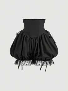 SHEIN MOD 黑色梦幻浪漫奢华荷叶边短裤，蝴蝶结装饰，腰带拼接，交叉系带，适合约会、派对、节日、茶会、生日、女士夏季、复活节、女士海滩、女士度假、夏季、女士音乐会、锐舞、女士巡航装、Y2K、女士节日 - 黑色 - 查看 2