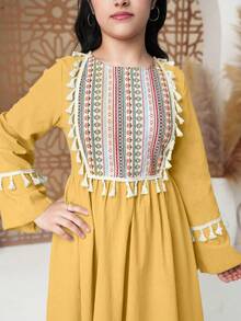Teen Girl Round Neck Long Sleeve Simple Fashion Dress, Suitable For Summer - Yellow - View 7