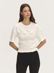 SHEIN Unity Smock Short Sleeve T-Shirt With A Ribbed Neckline, Frilled Hem, And Ruffled Smocked Panels. Finished With A Decorative Tie And Bow. Perfect For Spring-Summer, Beach, Easter O Graduation Event. - Beige - View 1