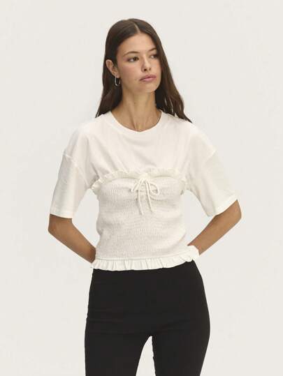 SHEIN Unity Smock Short Sleeve T-Shirt With A Ribbed Neckline, Frilled Hem, And Ruffled Smocked Panels. Finished With A Decorative Tie And Bow. Perfect For Spring-Summer, Beach, Easter O Graduation Event.