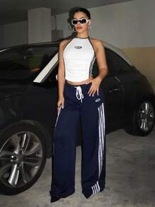 SHEIN ICON 2pcs Spring And Summer Going Out Sport Athleisure Neck Tracksuit Run Hanging Decor Vest And Loose Waist Casual Pants Set
