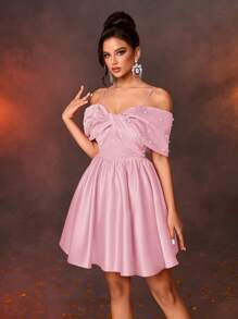 Lovelzi 女士优雅缎面超大蝴蝶结袖仿珍珠装饰蝴蝶结和前围兜 A 字裙，适合派对、庆典、圣诞舞会、婚礼宾客礼服、舞会礼服 - 粉色 - 查看 7