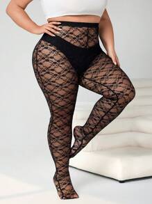 SHEIN CURVE+ 大码黑色纯蕾丝简约透视紧身裤，休闲日常穿着 - 黑色 - 查看 4