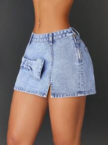 SHEIN ICON Fashionable Casual Bowknot Decor Ladies Denim Mini Skirt