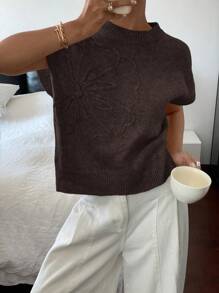 Siren Gaze Women Floral Pattern Round Neck Loose Knit Short Sleeve Top,Knitted Sweater Brown