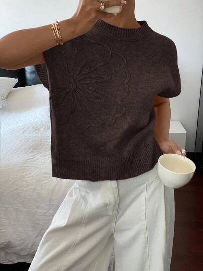 Siren Gaze Kvinnor blommönster rund hals lös stickad kortärmad topp