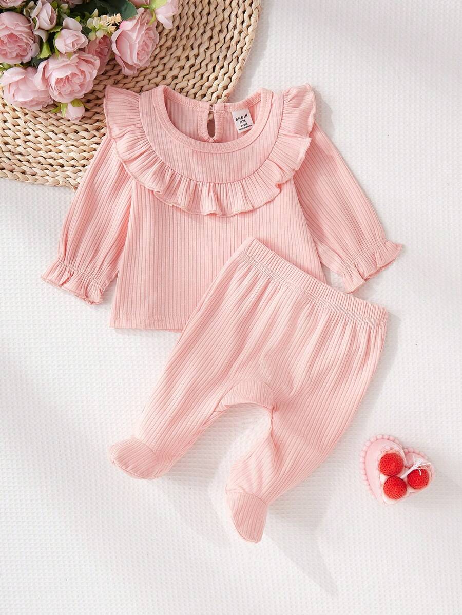 2 件套 新生女童公主罗纹面料荷叶边长袖上衣和裤子家居服 - 粉色 - 查看 1