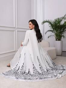 Al Najma Women's Floral Print Romantic Elegant Arabic Robe Jacket, Modest Abaya - White - View 5