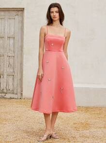 SHEIN Unity 情人节、春季、优雅法式浪漫吊带亮片链腰 A 字喇叭长裙节日派对生日正式场合亮片闪光连衣裙 - 淺粉色 - 查看 5