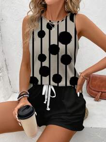 SHEIN LUNE 2pcs/Set Plus Size Polka Dot & Geometric Print Casual Outfit, Suitable For Summer - Khaki - View 4