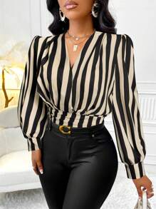 SOLERSUN Women's Stripe Ruffle Waist Long Sleeve Stylish Blouse (Assorted Patterns) Fall Cloth For Women - Black - View 3