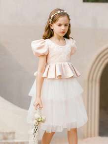 SHEIN Tween Girls' Palace-Style Elegant Dress With Jacquard Pattern, Satin And Layered Tulle Dress, Puff Sleeve Dress, Suitable For Birthday Party, Holiday, Banquet In Summer - Multicolor - View 5