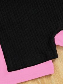 2pcs/Set Tween Girl Solid Color Rib Knit Crew Neck Camisole Romper - Pink - View 4
