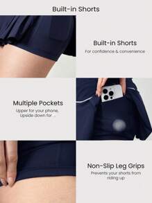 GLOWMODE Cool Feel Tummy Control Asymmetrical Skirt With Built-In Shorts Side Pockets Non-Slip Grips Tennis Golf Gym Daily Casual - Dark Blue - View 4