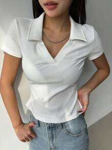 DAZY Dames effen kleur casual slim fit polo kraag korte mouw t-shirt wit top zomer
