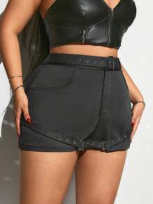 SHEIN ICON Plus Size Women Metal Decor Pocket Denim Shorts - Black - View 6