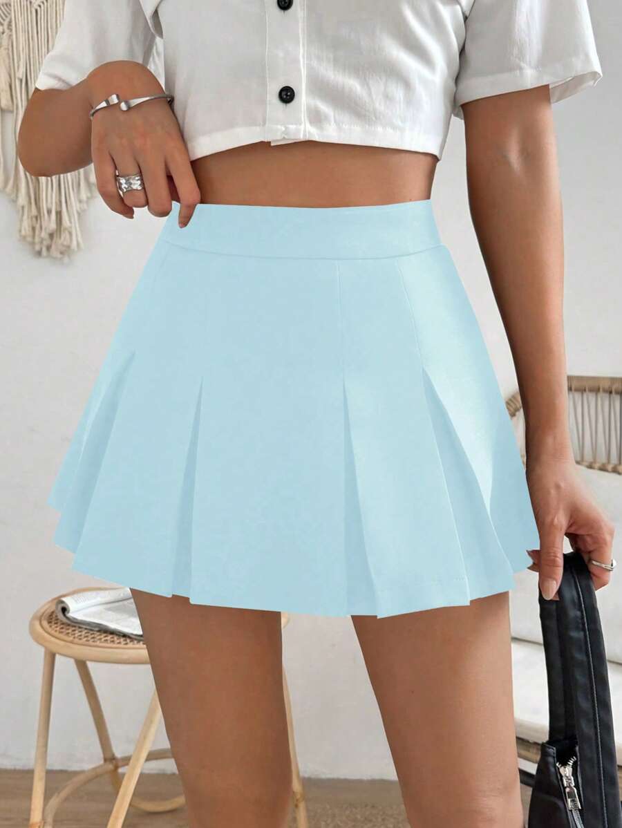 Chiquease 夏季休闲纯色高腰百褶迷你裙