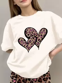 SHEIN Leap Crew 2 件套 Tween 女童休闲宽松粉色豹纹心形印花短袖 T 恤和阔腿裤，夏季