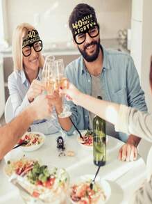 SHEIN 6 Pcs Birthday Party Eyeglasses Decorations 40th Birthday Fashion Glasses Paper Glasses For Men Women With Black Glasses Frame And Golden Words - Black - View 5