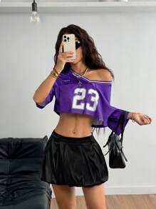 Coolane Camiseta de manga corta morada con estampado de número de piloto callejero para mujer - Morado - Ver 3