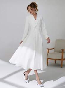 CLARA VERO Women Solid Color Front Button And Belted Detailed Long Sleeve Dress - White - View 1