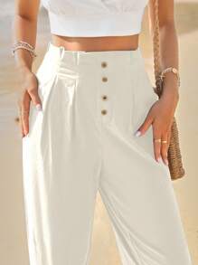 SHEIN Frenchy Women's Solid Color High Waist Button Design Casual Pants White Summer - White - View 2