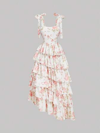 SHEIN MOD Romantisches, schulterfreies, mehrlagiges Kleid mit Blumenmuster für Damen, geeignet für Verabredungen, Urlaubskleid, Festtagskleid, Westernkleidung für Damen, Country-Outfits, Strandurlaubskleidung, Boho-Kleid für Damen, Geburtstagsoutfits für Damen, Frühlings- und Sommerkleid, Brunch-Outfits, rosa Blumenkleid
