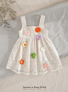 Cozy Pixies Baby Girl 3D Flower Decor Round Neck Sleeveless Waist Cinching Dress - Multicolor - View 3