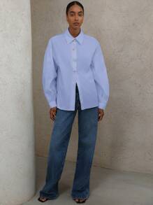 Aveloria Modichic Minimalist Artistic Collared Button Front Long Sleeve Mid-Length Shirt For Women - Blue - View 6