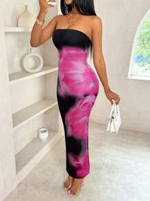 VaVaBold 女士修身露肩撞色花卉印花优雅时尚连衣裙长款女装 - 黑色 - 查看 3