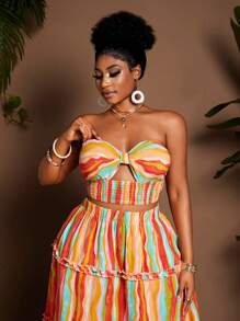 Maweii Plus Size Vacation Multicolor Striped Strapless Crop Top And Skirt Set