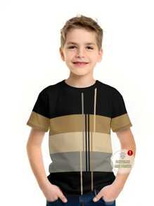 SHEIN 青少年男孩休閒條紋圓領短袖T恤，夏季款 - 彩色 - 查看 1