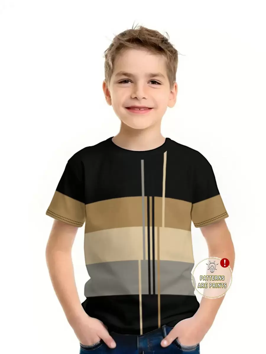 SHEIN 青少年男孩休閒條紋圓領短袖T恤，夏季款 - 彩色 - 查看 1