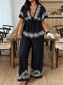 Weeklong Plus Size Women Vacation Floral Print Ruffle Hem Short Sleeve Shirt & Pants Casual Suit - Black - View 4