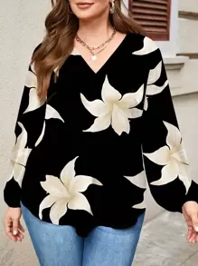 EMERY ROSE 休閒花卉圖案寬鬆V領女式襯衫，適合春夏秋冬穿著，時尚女式休閒襯衫 - 彩色 - 查看 3